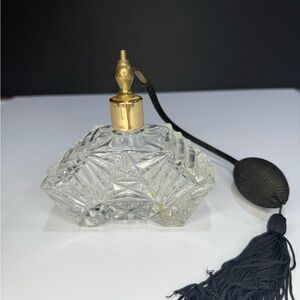 Vintage Glass Perfume Bottle with Black Atomizer & Brass Accents